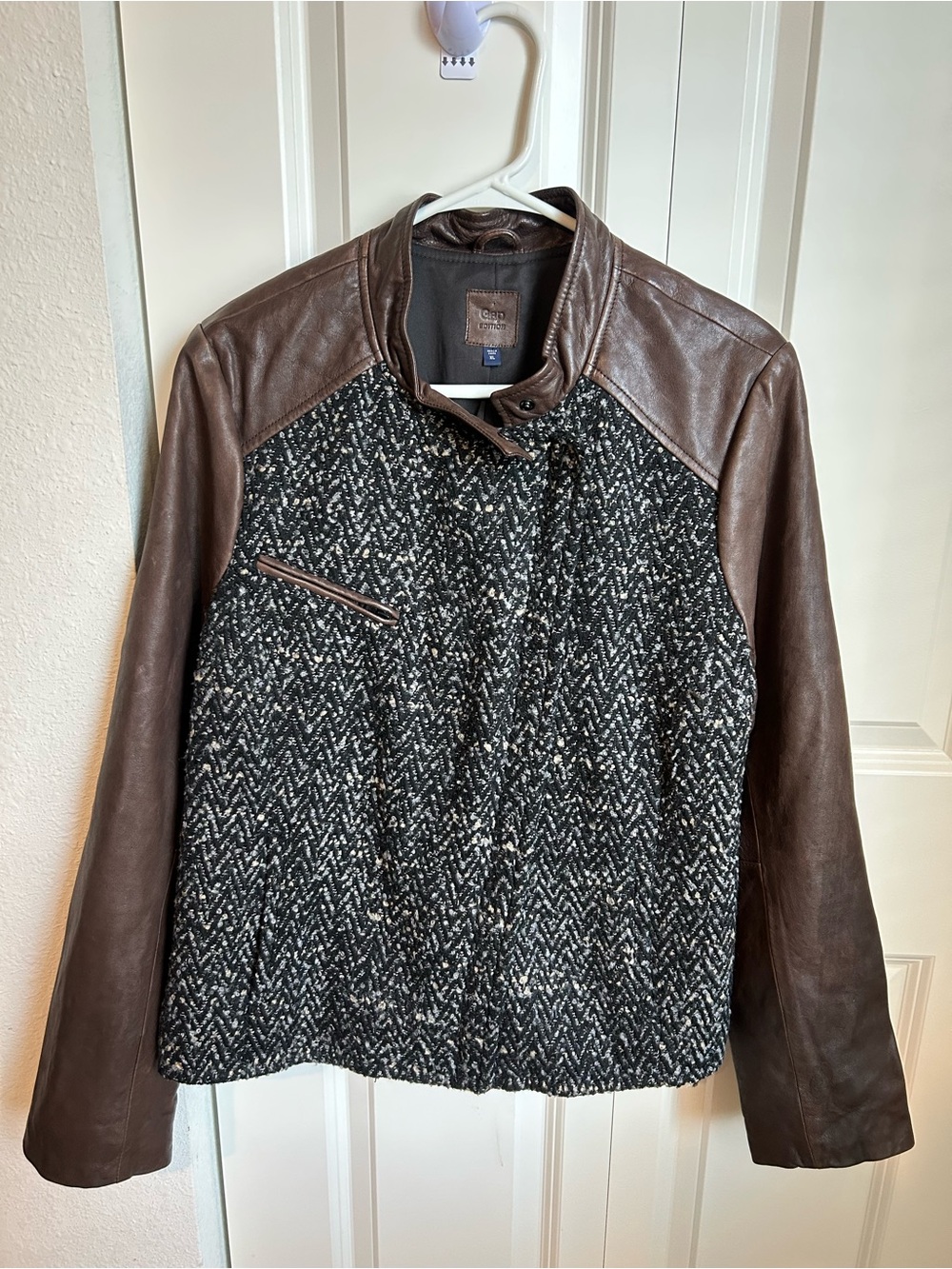 GAP Edition Leather & Tweed Moto Jacket Brown Black Textured Size XL